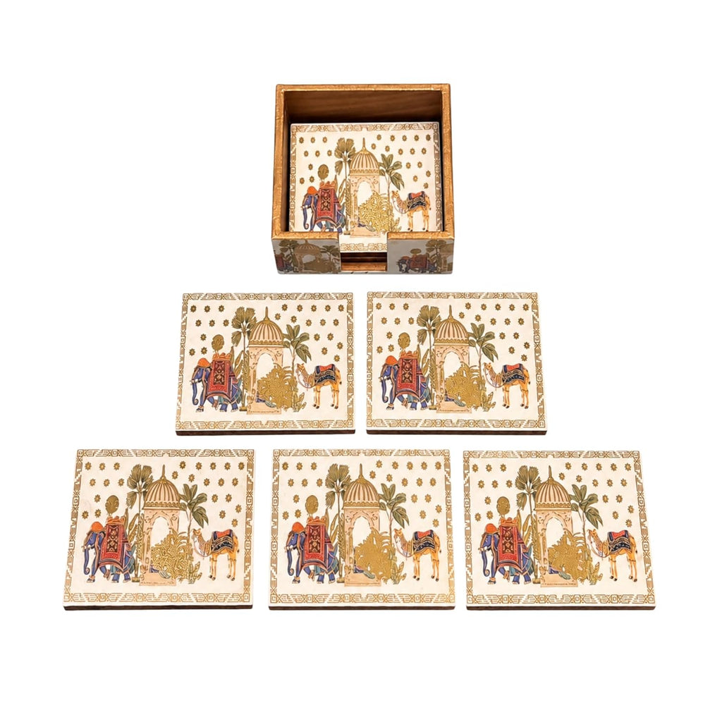 Mughal Theme Drink Coaster with Imperial Elephant Motif, Wooden Holder, Set of 6, 10x10 cm - image 1