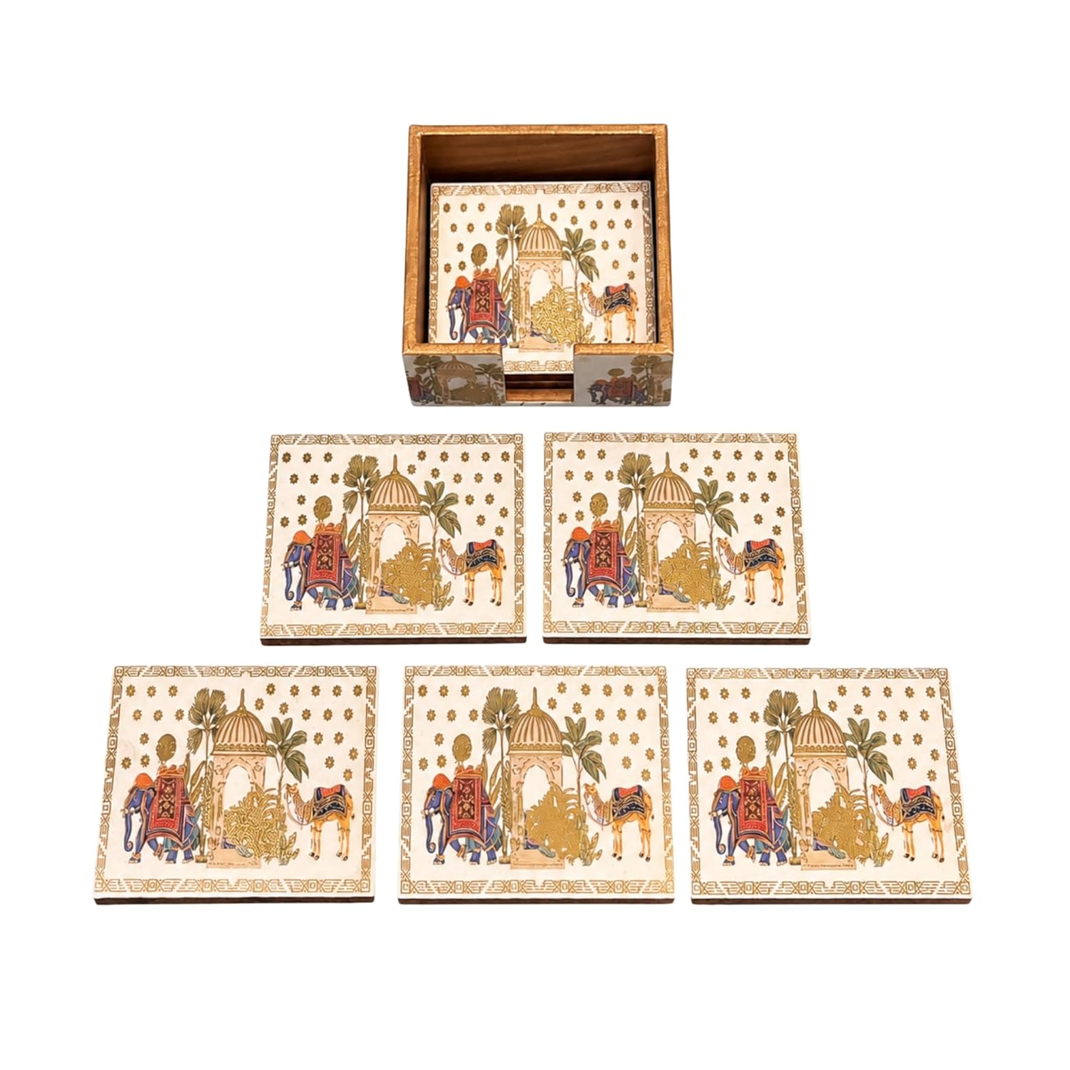 Mughal Theme Drink Coaster with Imperial Elephant Motif, Wooden Holder, Set of 6, 10x10 cm - image 1