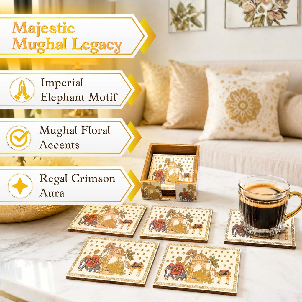 Mughal Theme Drink Coaster with Imperial Elephant Motif, Wooden Holder, Set of 6, 10x10 cm - image 2