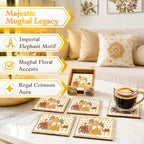 Mughal Theme Drink Coaster with Imperial Elephant Motif, Wooden Holder, Set of 6, 10x10 cm - image 2