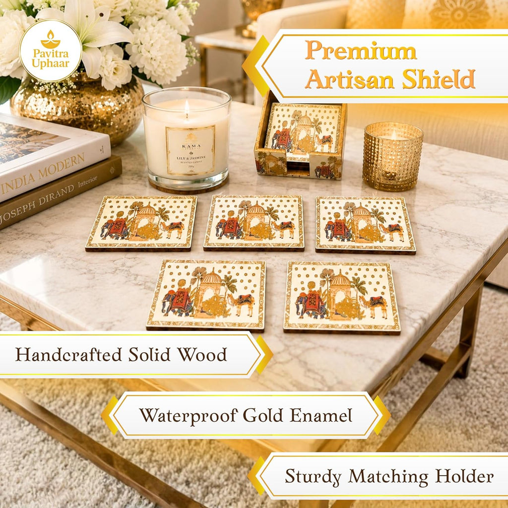 Mughal Theme Drink Coaster with Imperial Elephant Motif, Wooden Holder, Set of 6, 10x10 cm - image 3