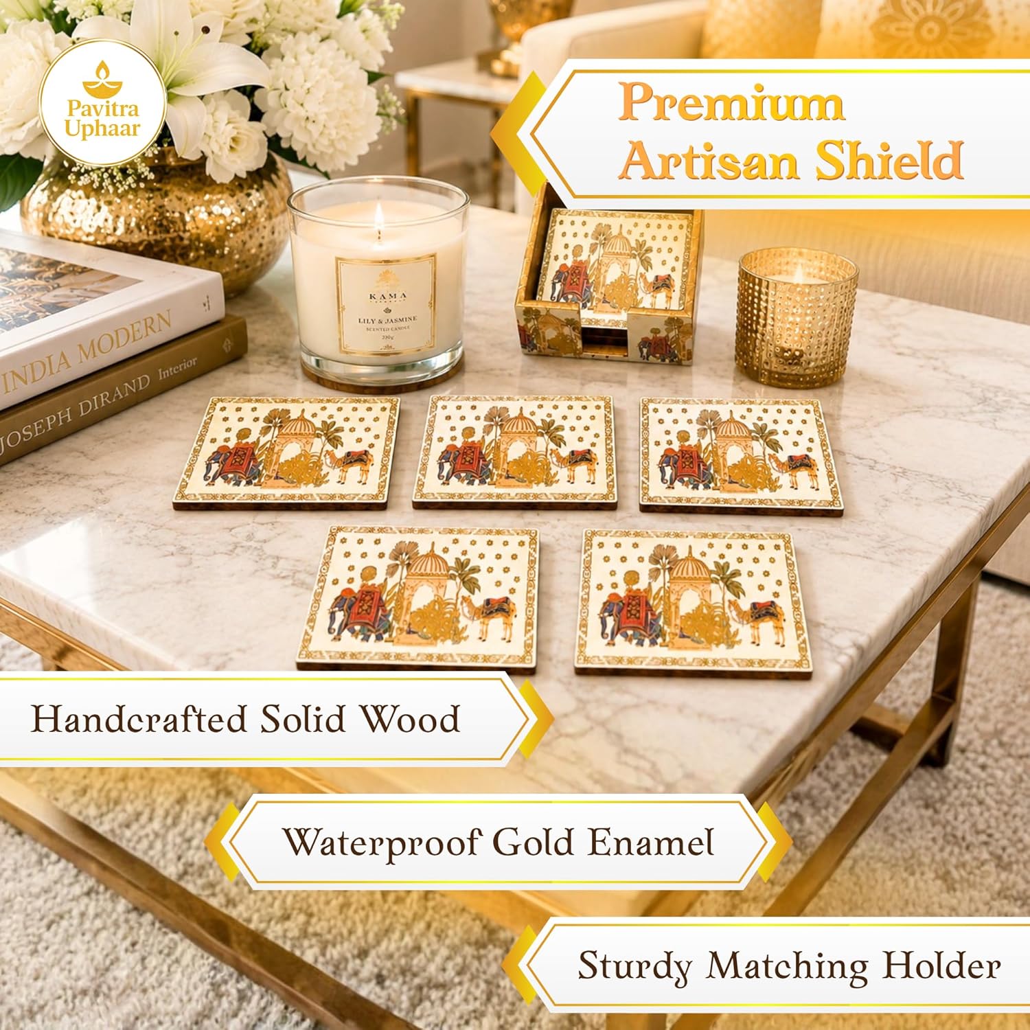 Mughal Theme Drink Coaster with Imperial Elephant Motif, Wooden Holder, Set of 6, 10x10 cm - image 3