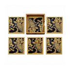 Mughal Theme Drink Coaster with Imperial Elephant Motif, Wooden Holder, Set of 6, 10x10 cm (Royal Golden Peacock) - image 1