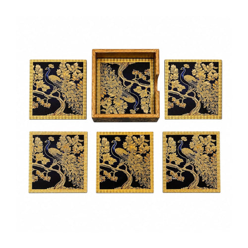 Mughal Theme Drink Coaster with Imperial Elephant Motif, Wooden Holder, Set of 6, 10x10 cm (Royal Golden Peacock) - image 1