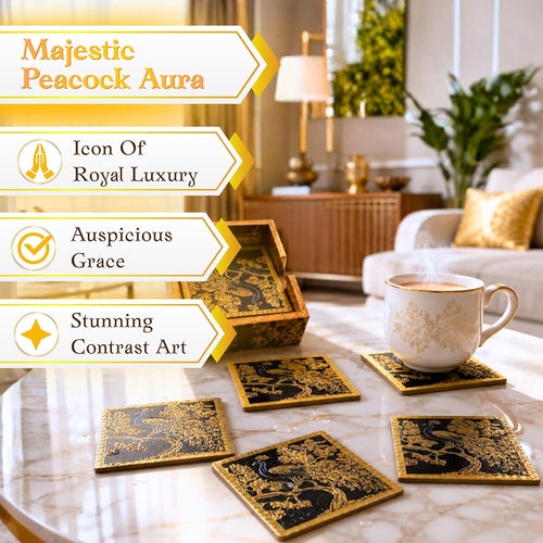 Mughal Theme Drink Coaster with Imperial Elephant Motif, Wooden Holder, Set of 6, 10x10 cm (Royal Golden Peacock) - image 2