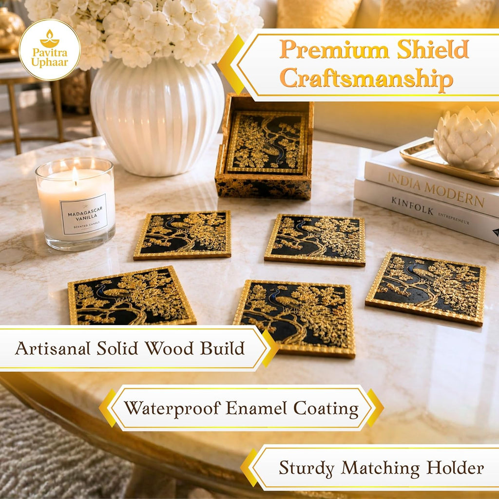 Mughal Theme Drink Coaster with Imperial Elephant Motif, Wooden Holder, Set of 6, 10x10 cm (Royal Golden Peacock) - image 3