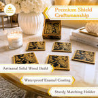 Mughal Theme Drink Coaster with Imperial Elephant Motif, Wooden Holder, Set of 6, 10x10 cm (Royal Golden Peacock) - image 3