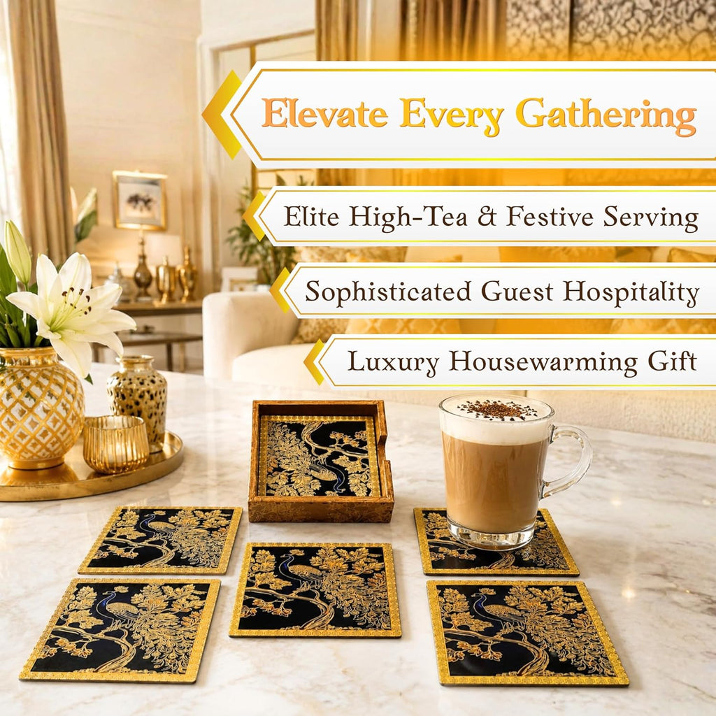Mughal Theme Drink Coaster with Imperial Elephant Motif, Wooden Holder, Set of 6, 10x10 cm (Royal Golden Peacock) - image 4