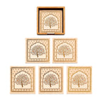Mughal Theme Drink Coaster with Imperial Elephant Motif, Wooden Holder, Set of 6, 10x10 cm (Tree of Life) - image 1