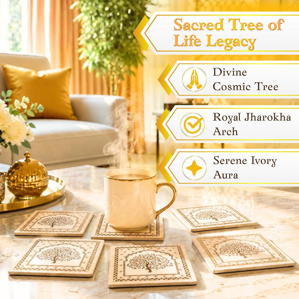 Mughal Theme Drink Coaster with Imperial Elephant Motif, Wooden Holder, Set of 6, 10x10 cm (Tree of Life) - image 2