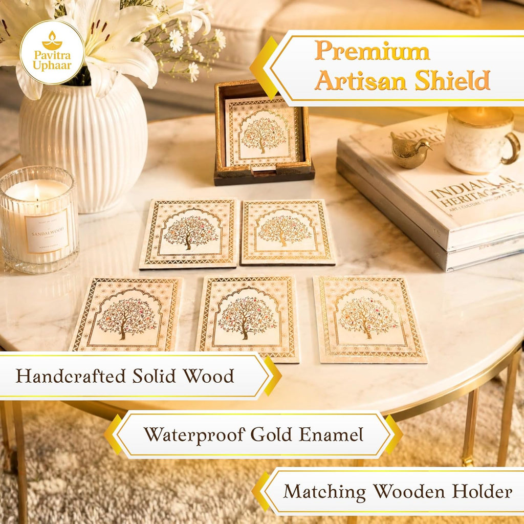 Mughal Theme Drink Coaster with Imperial Elephant Motif, Wooden Holder, Set of 6, 10x10 cm (Tree of Life) - image 3