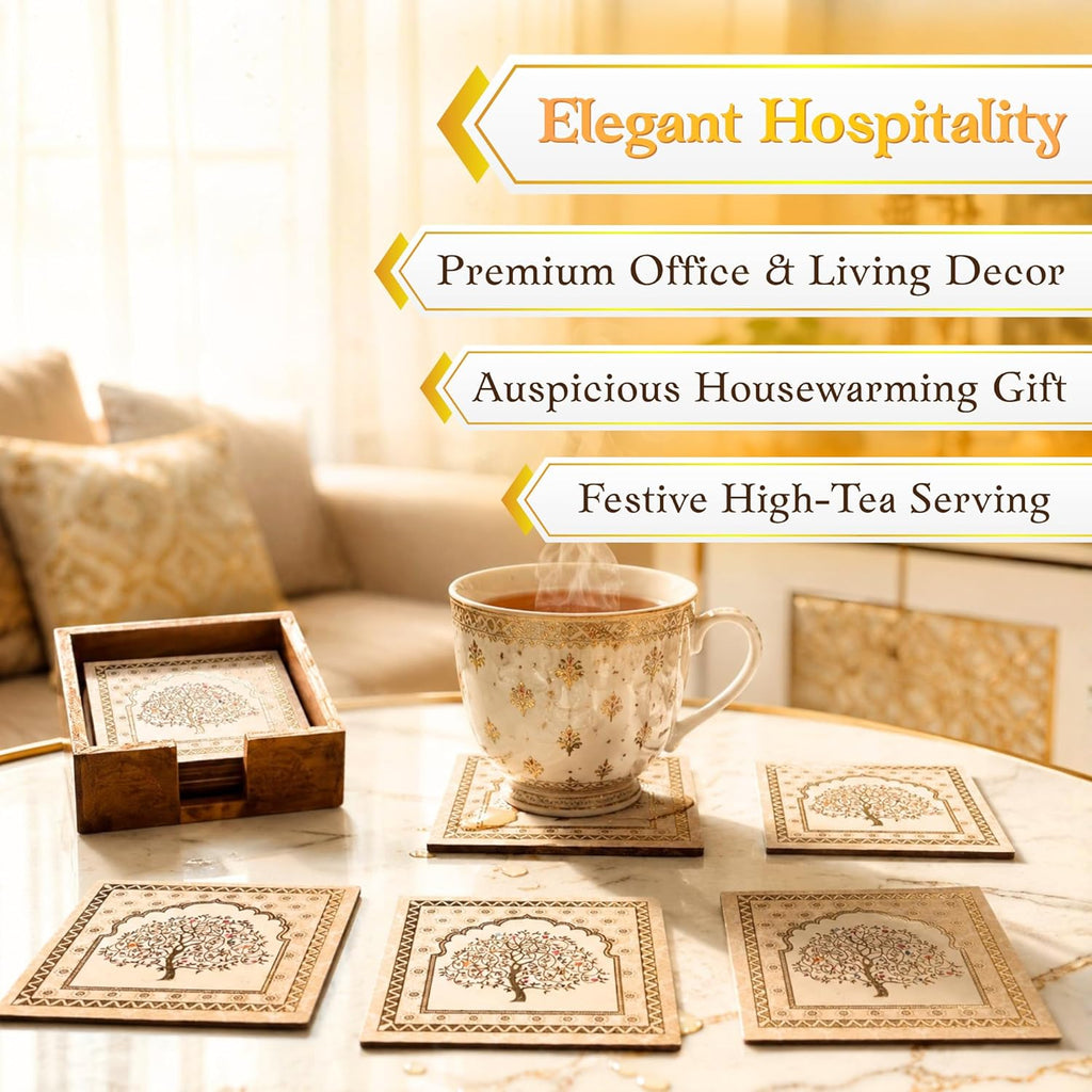 Mughal Theme Drink Coaster with Imperial Elephant Motif, Wooden Holder, Set of 6, 10x10 cm (Tree of Life) - image 4