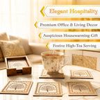 Mughal Theme Drink Coaster with Imperial Elephant Motif, Wooden Holder, Set of 6, 10x10 cm (Tree of Life) - image 4