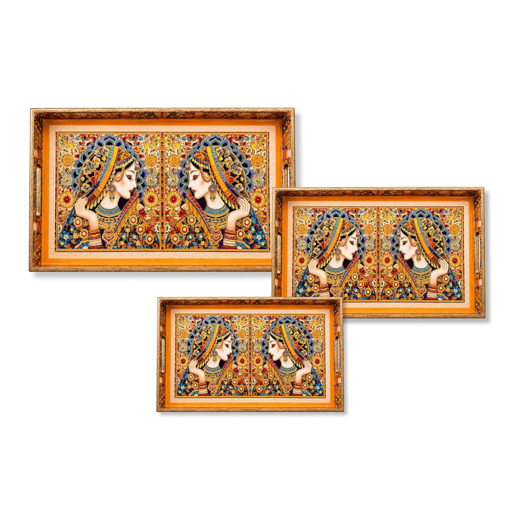 Mughal Queen Mirror Portrait Serving Tray Set, Solid Wood, Glossy Finish, Traditional Indian Style (Medium) - image 1