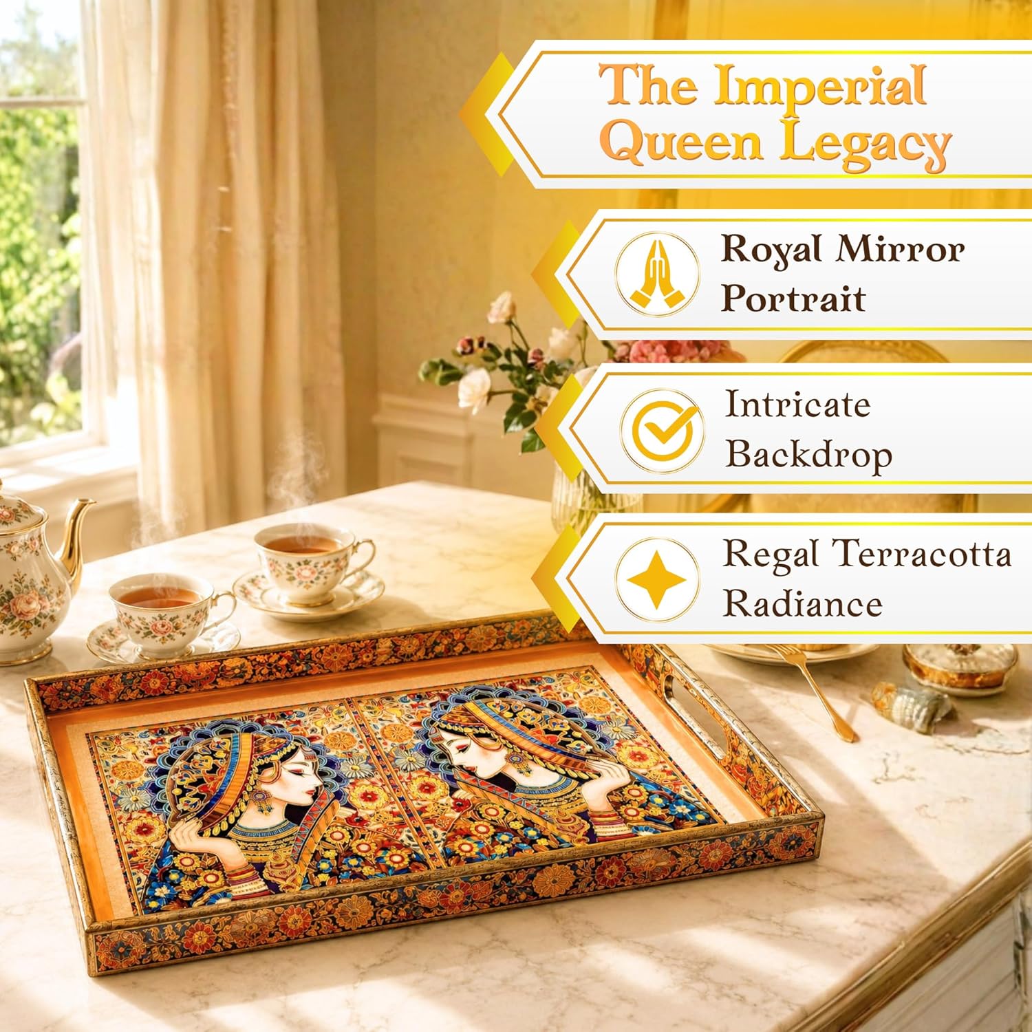 Mughal Queen Mirror Portrait Serving Tray Set, Solid Wood, Glossy Finish, Traditional Indian Style (Medium) - image 2