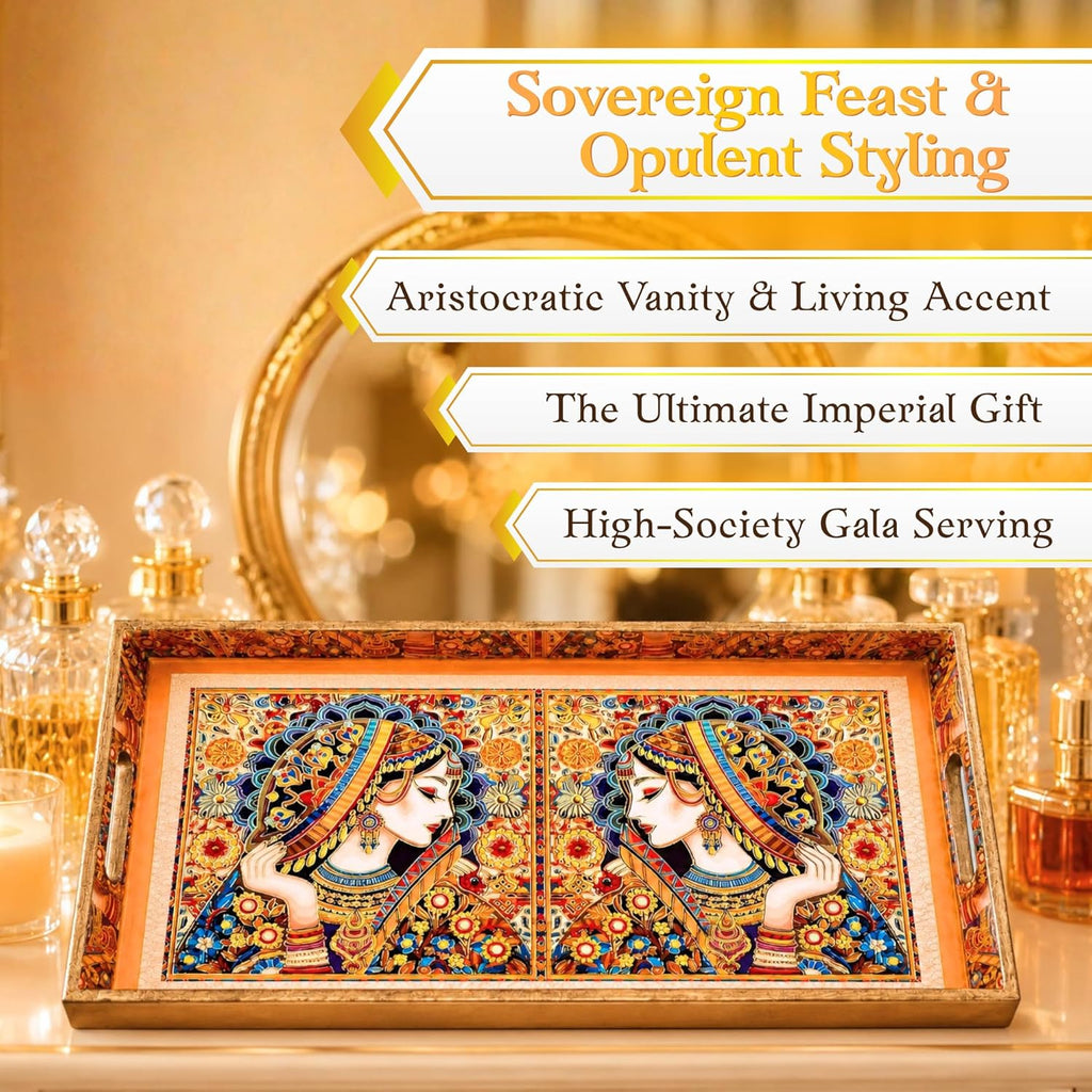 Mughal Queen Mirror Portrait Serving Tray Set, Solid Wood, Glossy Finish, Traditional Indian Style (Medium) - image 4
