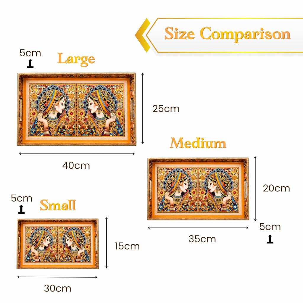 Mughal Queen Mirror Portrait Serving Tray Set, Solid Wood, Glossy Finish, Traditional Indian Style (Medium) - image 5